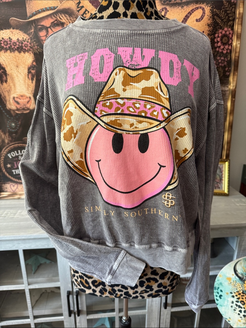 Simply Southern Gray Pullover with Pink Smiley and Tan Cowgirl Hat